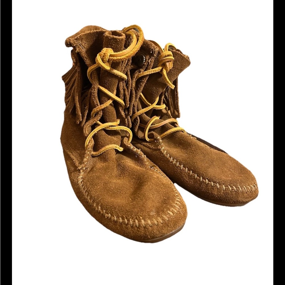 Minnetonka Brown Suede Moccasins with Yellow Laces
